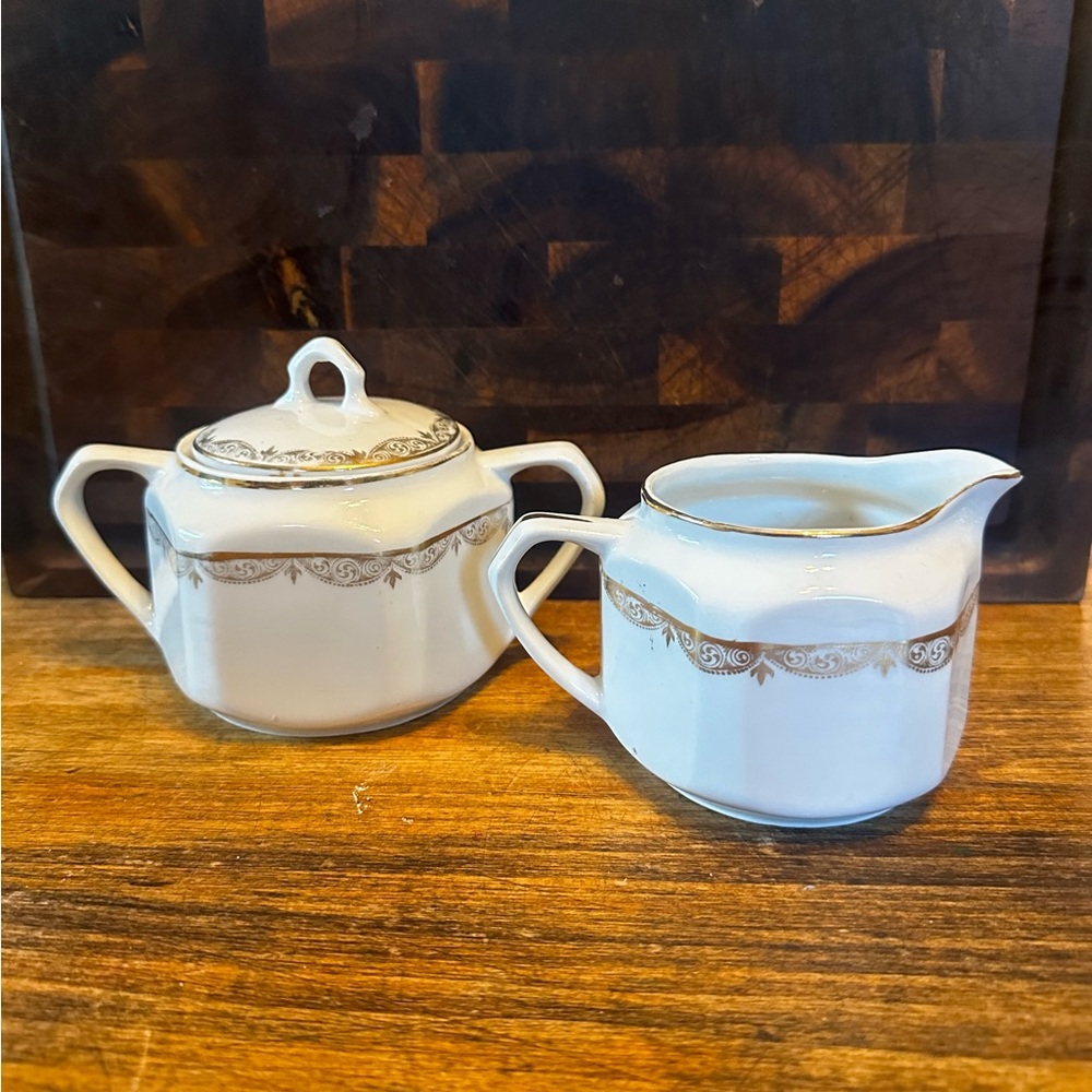 Antique White and Gold Creamer & Sugar Bowl Set- P.K. Silesia-1890’s Germany
